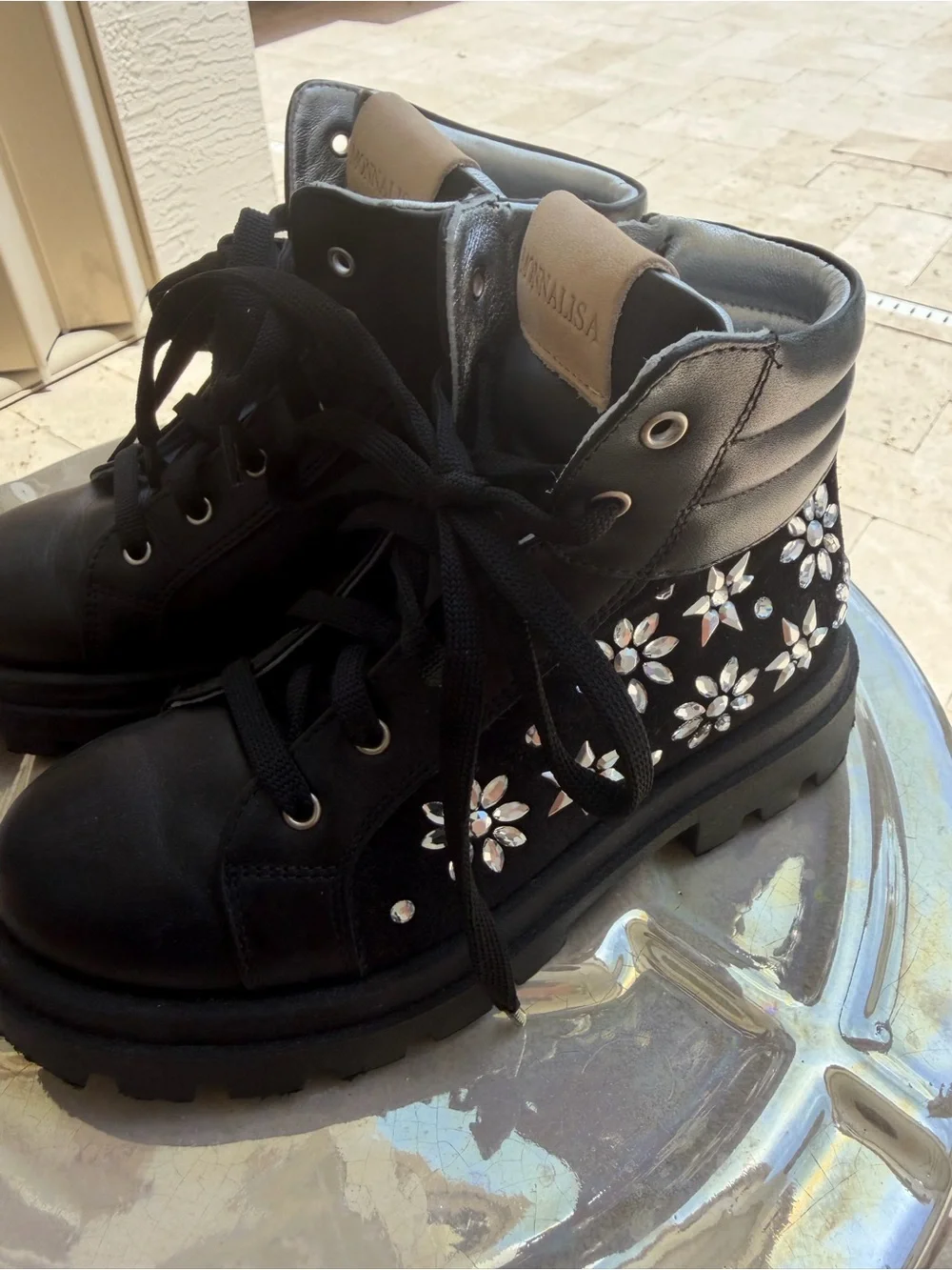 MonnaLisa Black and Silver Metallic Lace-Up Boots Euro size 30